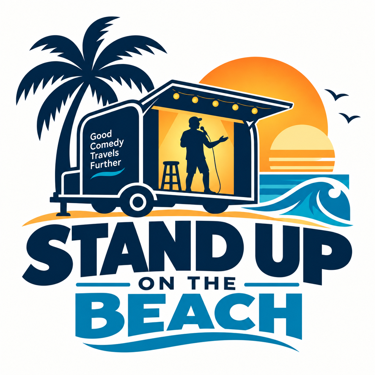 Stand Up on the Beach: a comic on a coastal trailer stage, with the tagline Good Comedy Travels Further